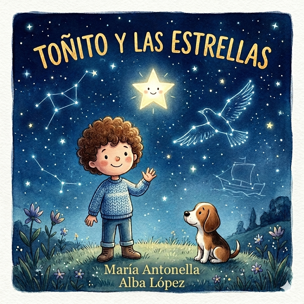 Portada de Toñito y las estrellas — Un niño con pelo rizado y su perrito miran una estrella brillante en el cielo nocturno